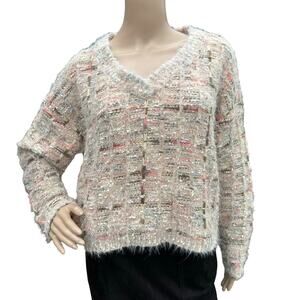 Storia Anthropologie Women Knitted Pink V Neck Long Sleeves Fuzzy Sweater M